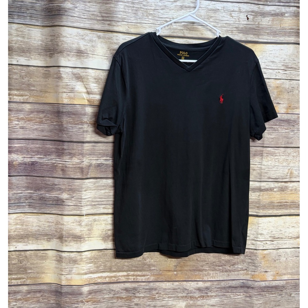 Polo Ralph Lauren Mens V-Neck T-Shirt Black Red Pony Logo Size M Short Sleeve